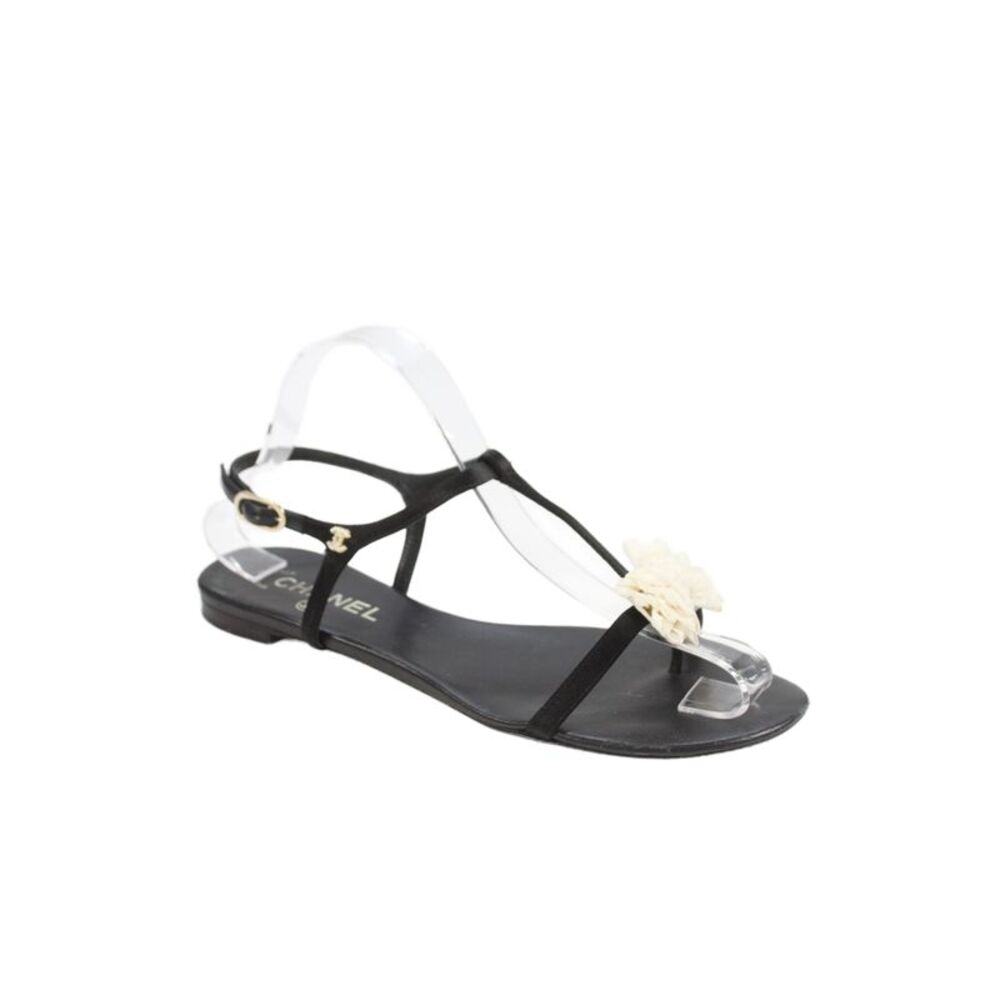 Chanel Womens Satin Tulle CC Ankle Strap Sandals Black White Size 39.5